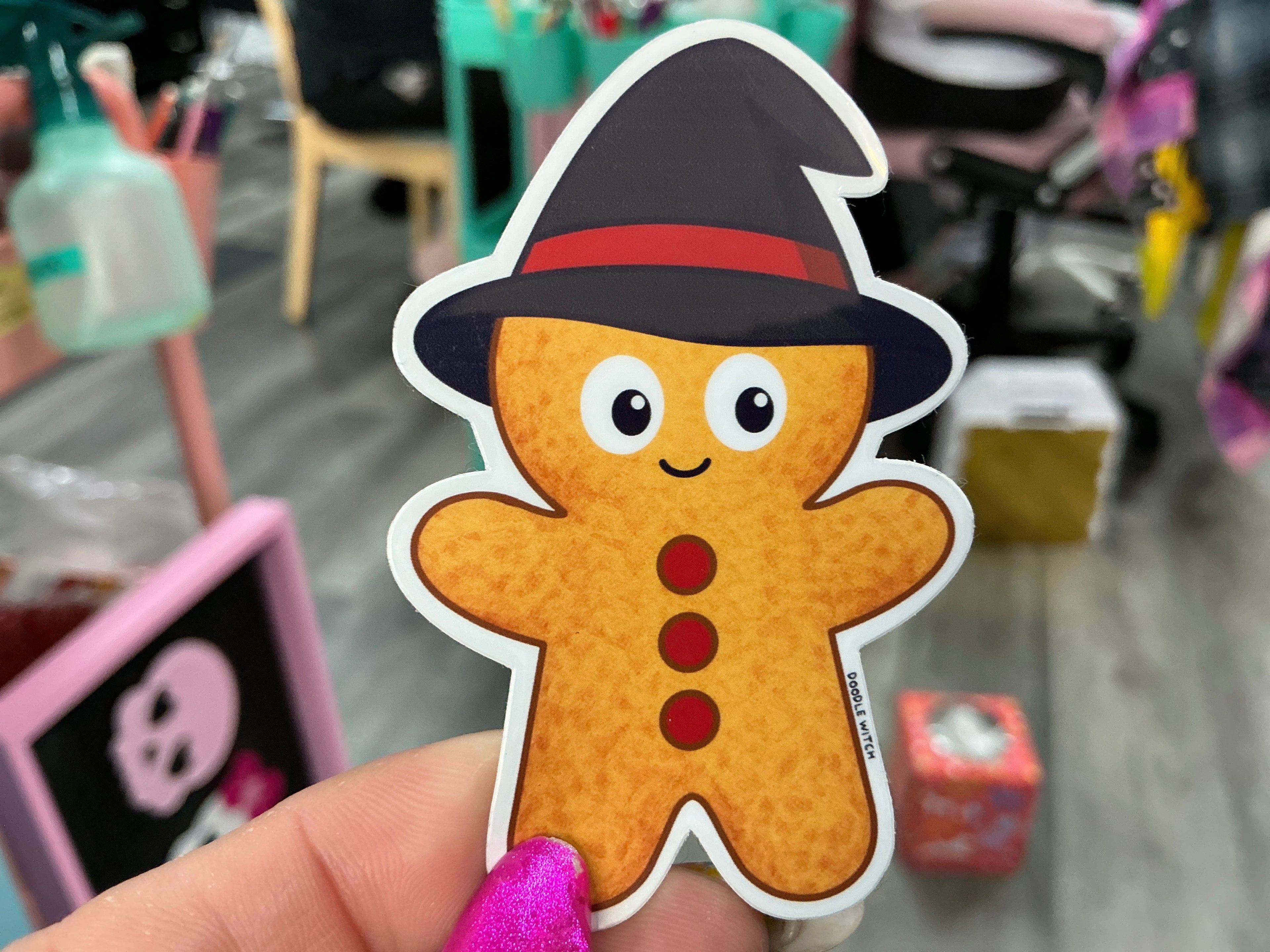 Skeleton Gingerbread Man Witch Sticker, Spooky Holiday: 1.6 x 2.5