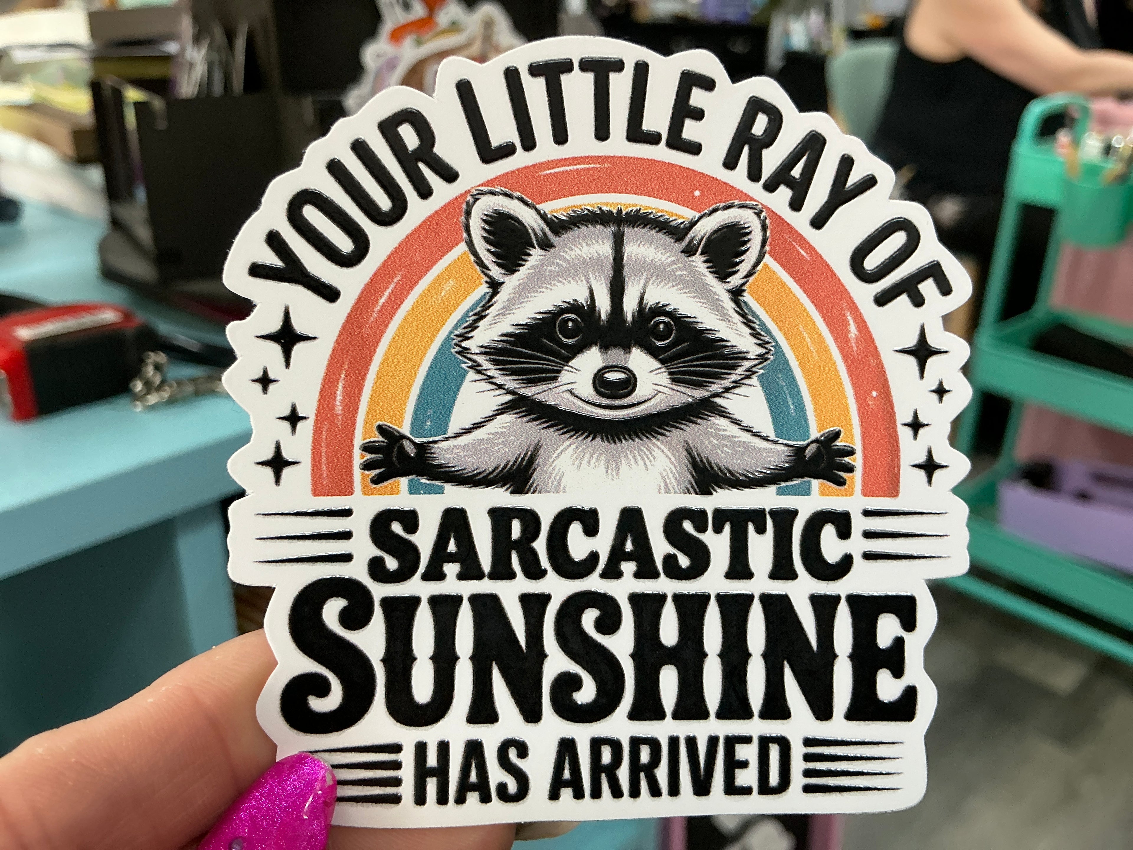 Your Little Ray of Sarcastic Sunshine Has Arrived Funny Racoon Sticker - Rainbow Decal: White Vinyl