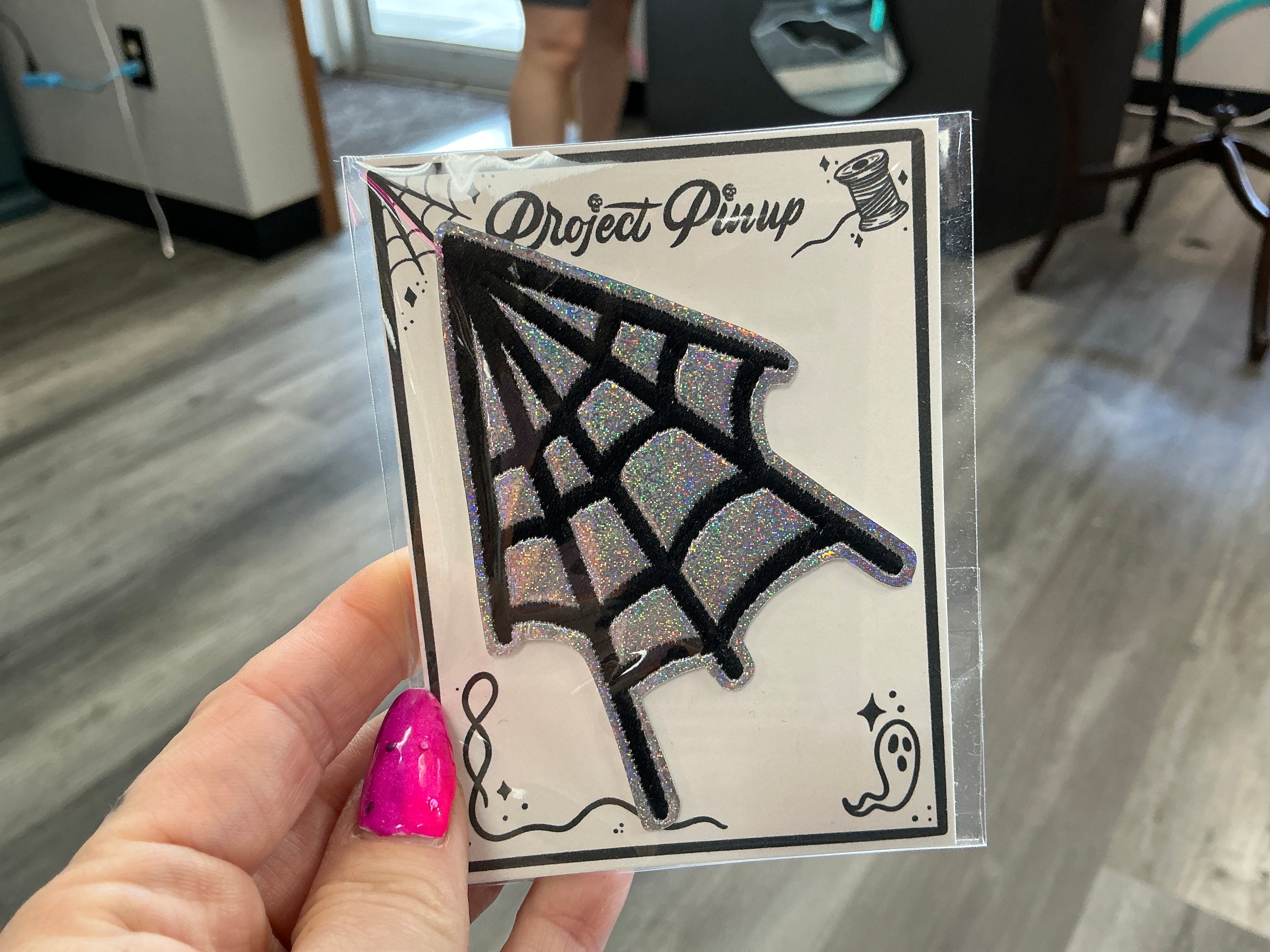 Silver Glitter Holographic Spider Web Iron On Vinyl Patch
