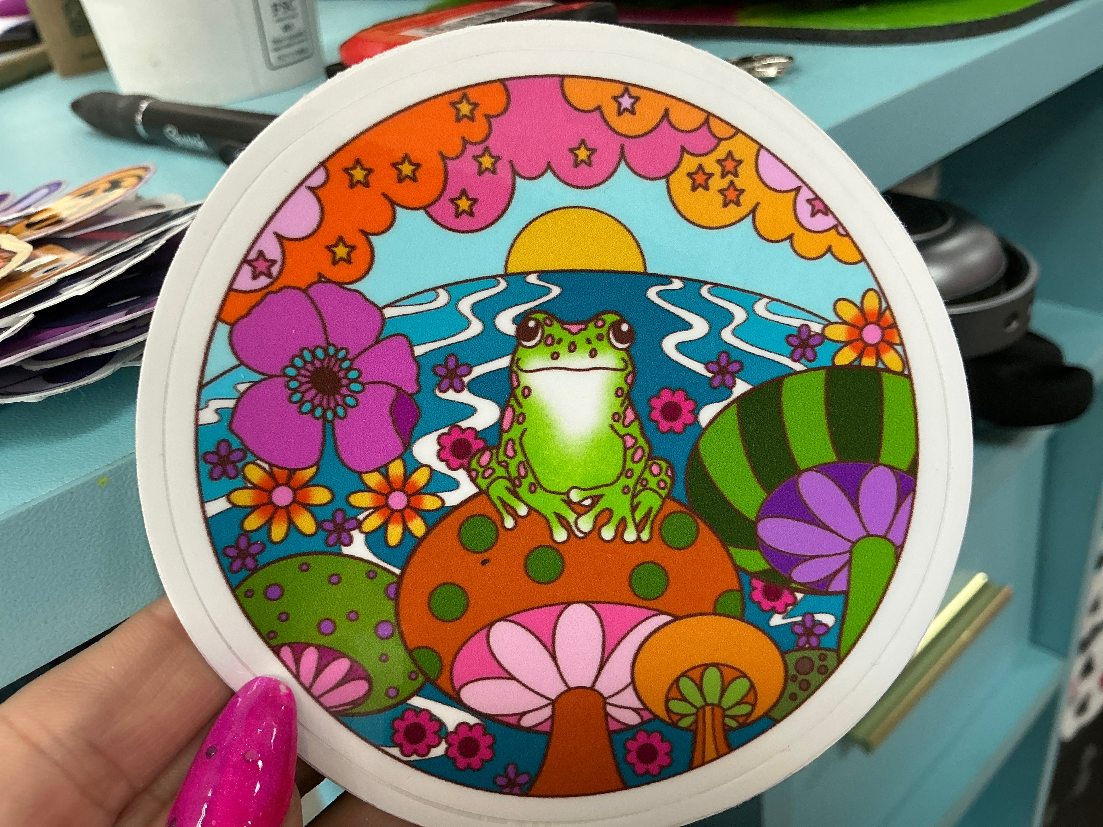3 Inch Sticker Happy Frog on Mushroom